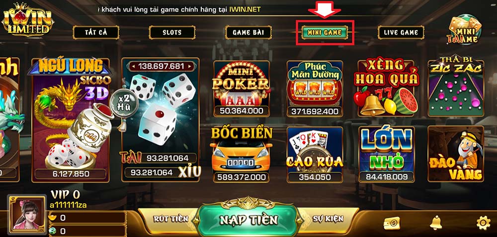 Chọn sảnh Mini Game tại iWin