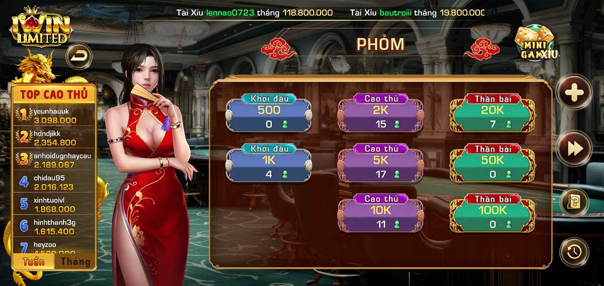 Giao diện chơi bài Phỏm trên iWin