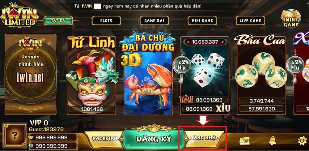 Chọn nút ĐĂNG NHẬP trên màn hình iWin