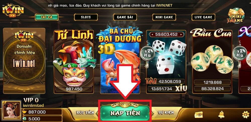 Nhấp vào biểu tượng NẠP TIỀN trên màn hình iWin