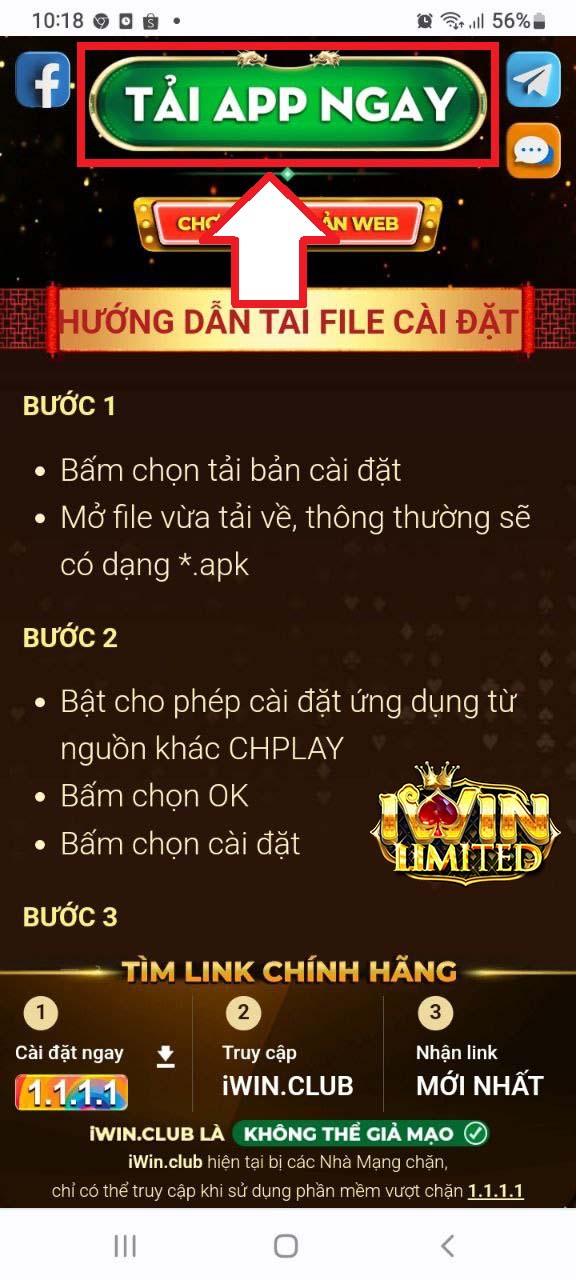 Nhấp vào TẢI APP NGAY trên giao diện iWin