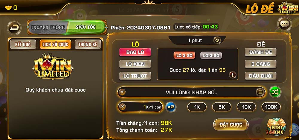 Giao diện Lô Đề Siêu Tốc iWin