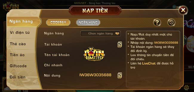 Giao diện nạp tiền vào tài khoản