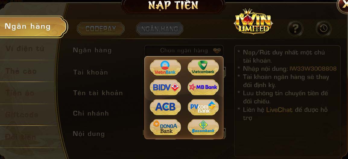 iwin liên kết với rất nhiều ngân hàng uy tín