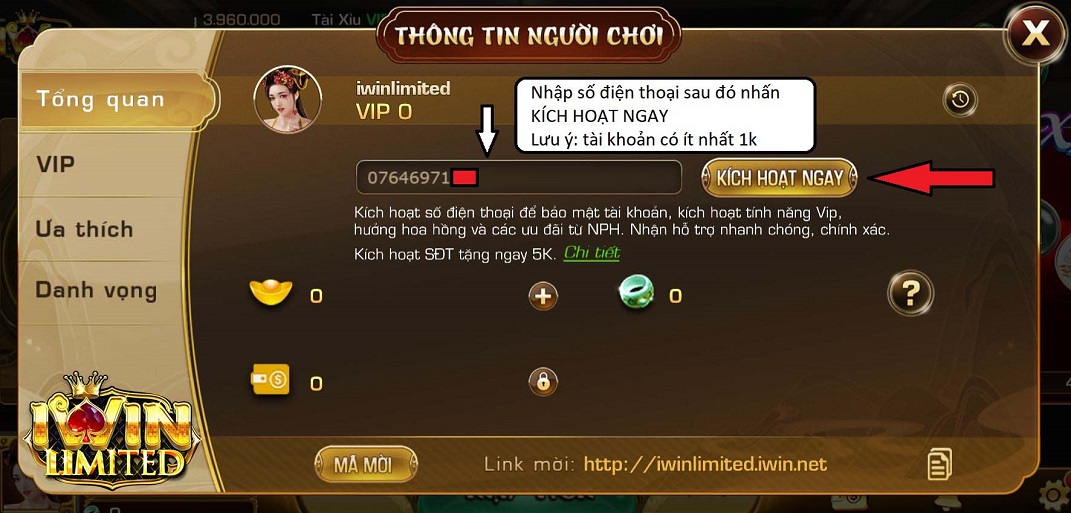 Nhập số điện thoại để kích hoạt tài khoản iWin