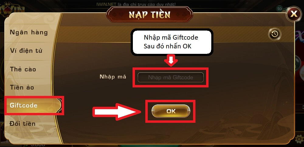 Nạp tiền iWin qua Giftcode