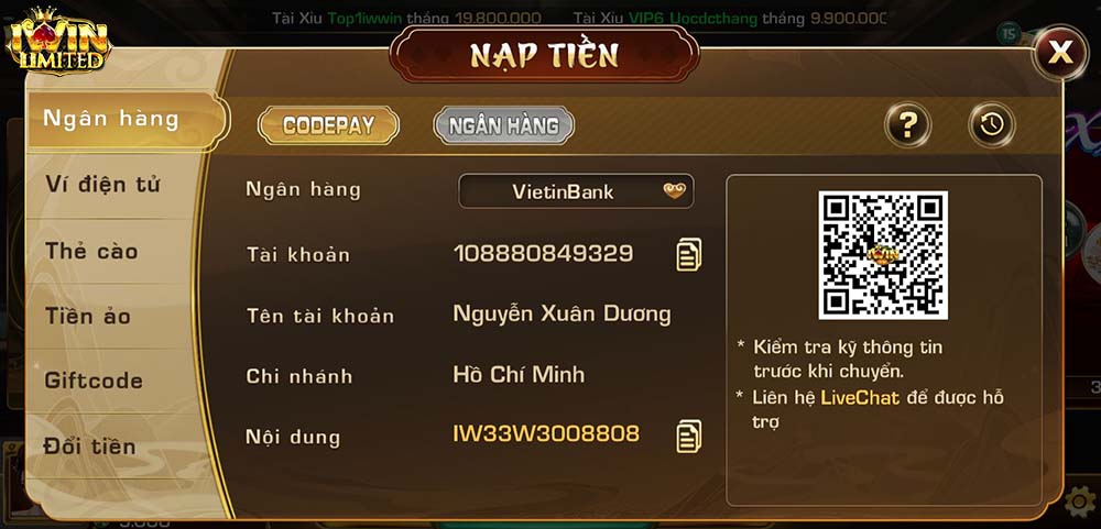 Các phương thức nạp tiền iWin