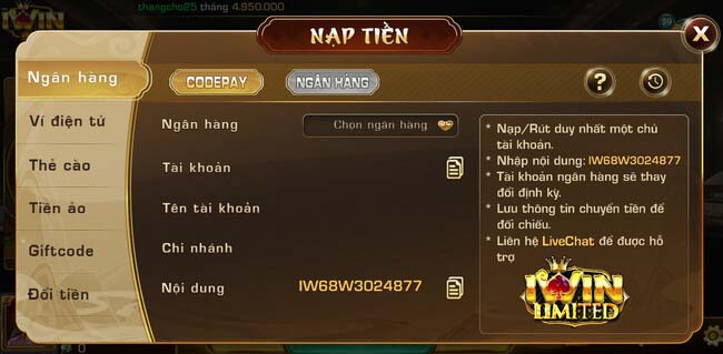 Nạp tiền iWin để chơi Bốc Biến Số rất đơn giản