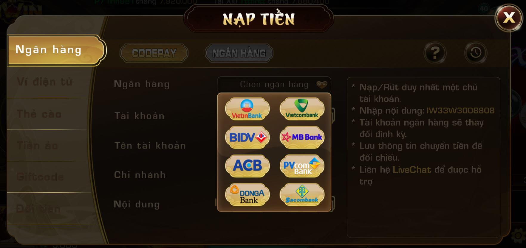 Chọn ngân hàng theo danh sách hỗ trợ