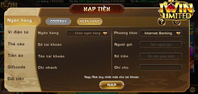 Nạp tiền vào tài khoản qua nhiều phương thức