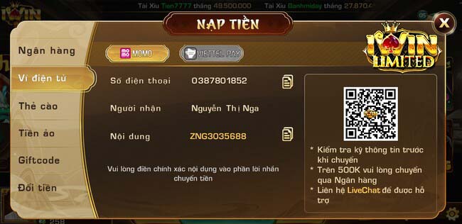 Giao diện nạp tiền iWin