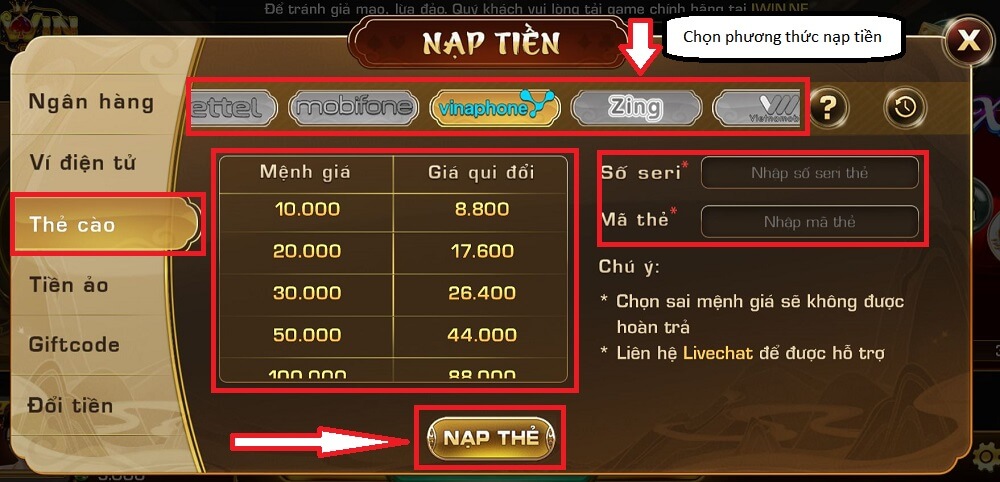 Nạp tiền iWin qua phương thức Thẻ cào