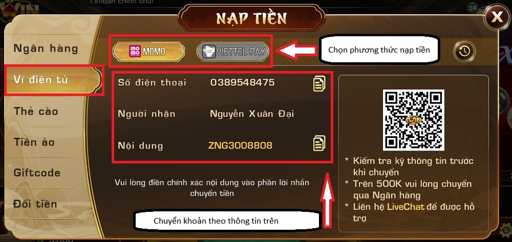 Nạp tiền qua phương thức Ví điện tử