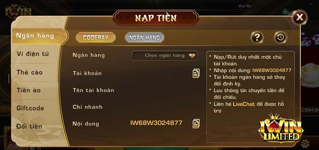 Giao diện nạp tiền vào tài khoản iWin