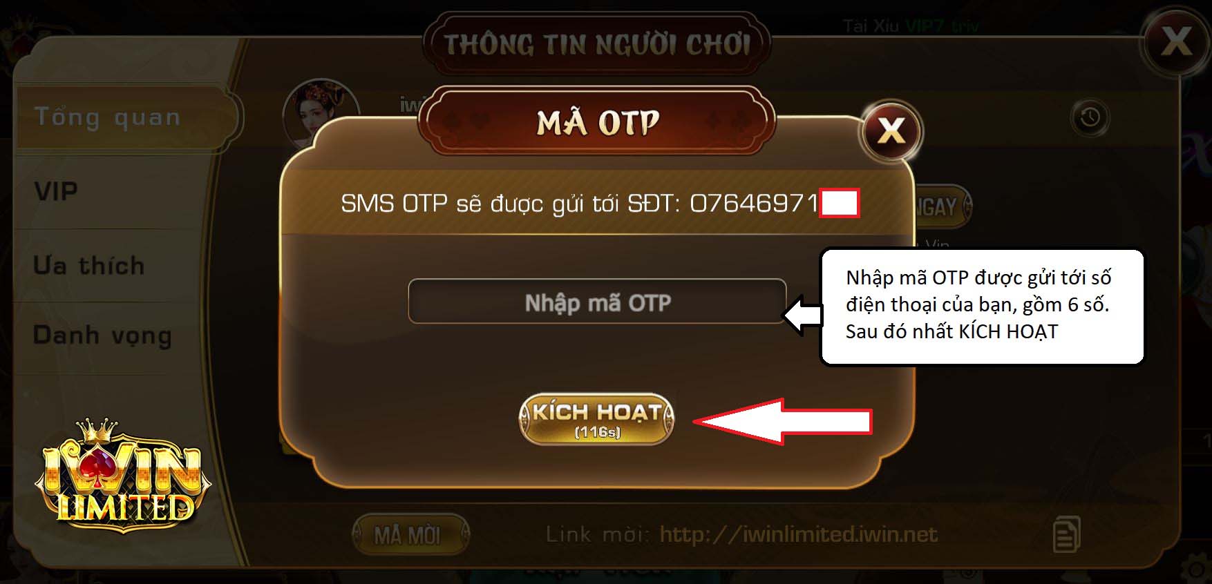 Nhập mã OTP được gửi tới số điện thoại kích hoạt iWin