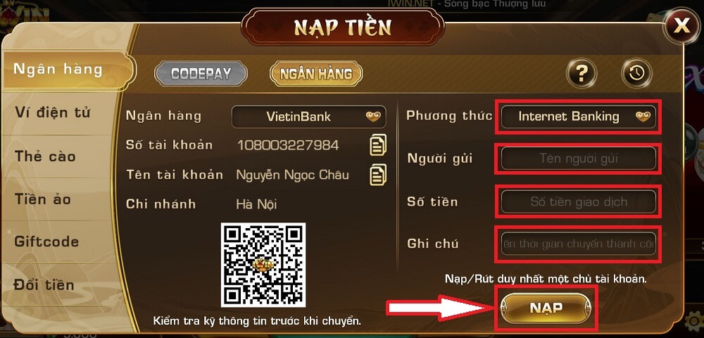 Nhập thông tin chuyển khoản để nạp tiền iWin