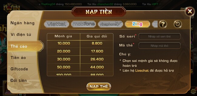 Phương thức nạp/rút tiền đa dạng