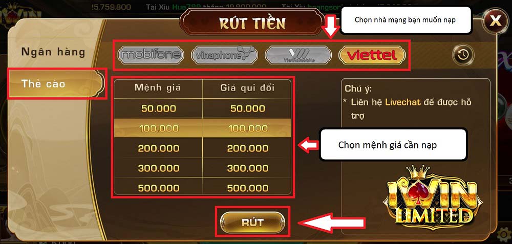 Rút tiền iWin qua thẻ cào
