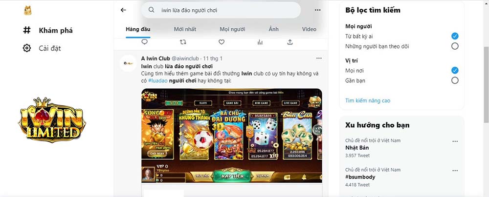 Thông tin không đúng sự thật về iWin lừa đảo trên Twitter