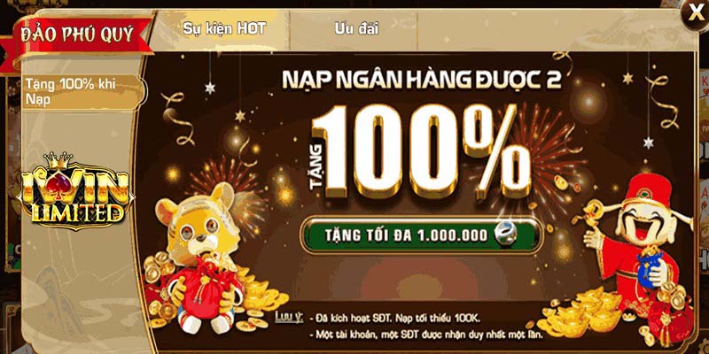 ưu đãi tặng 100% giá trị nạp tiền