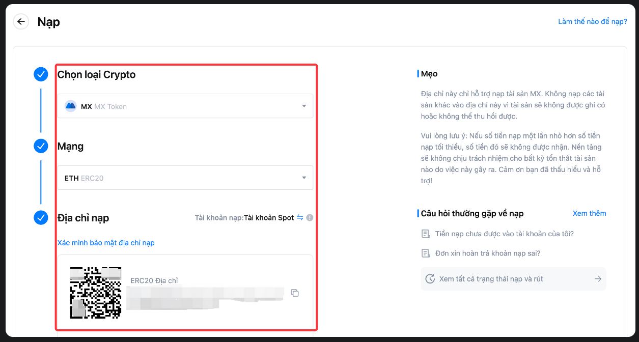 Chọn loại tiền và mạng trên mexc