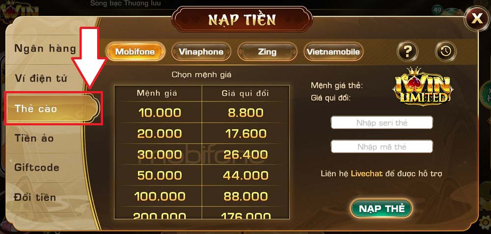 Chọn phương thức nạp tiền iWin bằng thẻ cào điện thoại