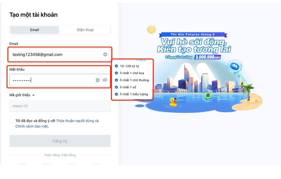 Nhập thông tin đăng ký mexc