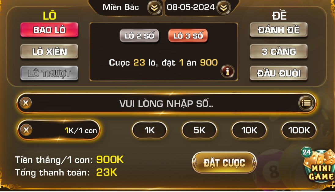 Bảng thưởng khi trúng 3 càng tại iWin Club