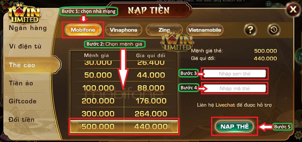 Các bước nạp tiền iWin bằng thẻ cào điện thoại