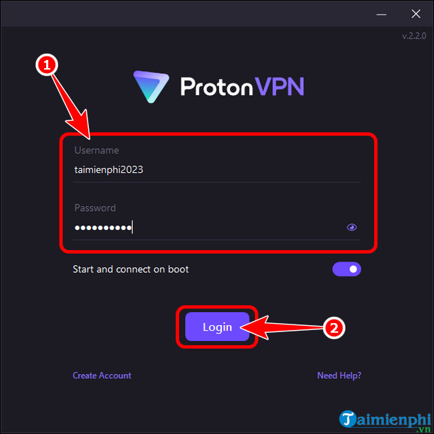 Đăng nhập vào ứng dụng Proton VPN bằng email và mật khẩu đã đăng ký.