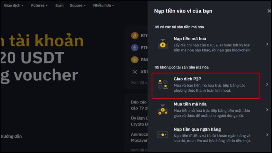 Chọn phương thức mua USDT
