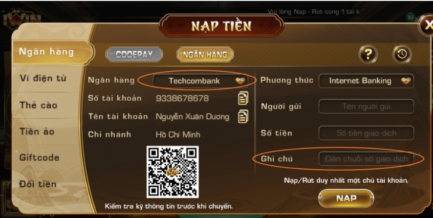 Nhập mã giao dịch từ Techcombank