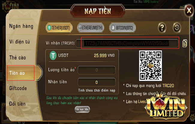 Lấy địa chỉ ví điện tử iWinClub để nạp vào