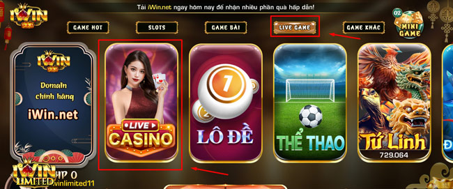 Tại giao diện chính, chọn mục "Casino Live"