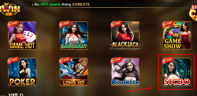 Tìm trò chơi "Sicbo Live Casino" và nhấn chơi